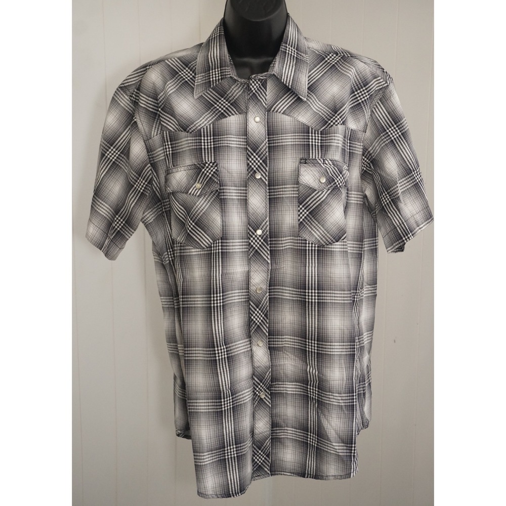 Wrangler XL Grey Plaid Wrancher Short Sleeve Pearl Snap Western Shirt